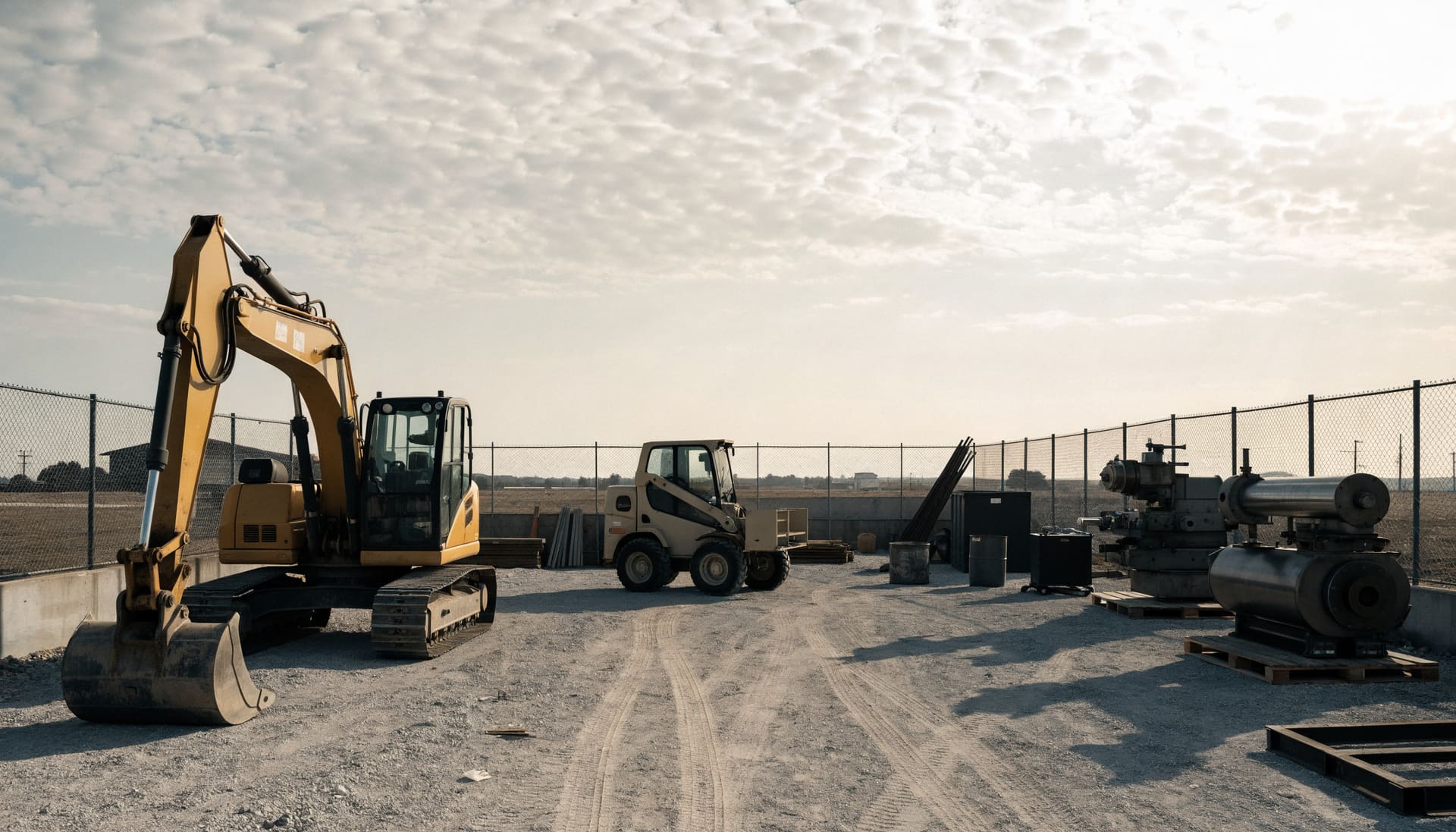 Construction machinery and machine tools in a fenced compound (representative image)