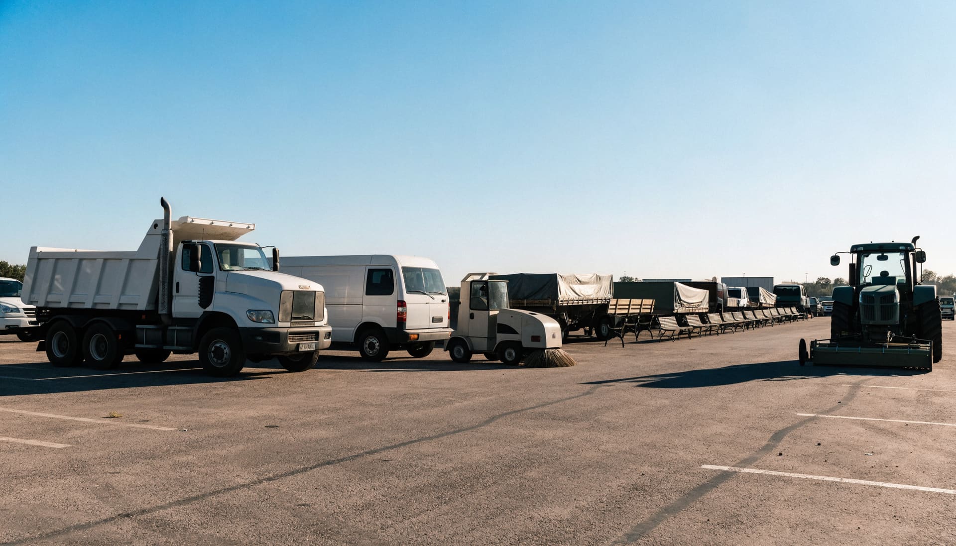 Surplus fleet trucks and equipment lined up in a paved yard (representative image)