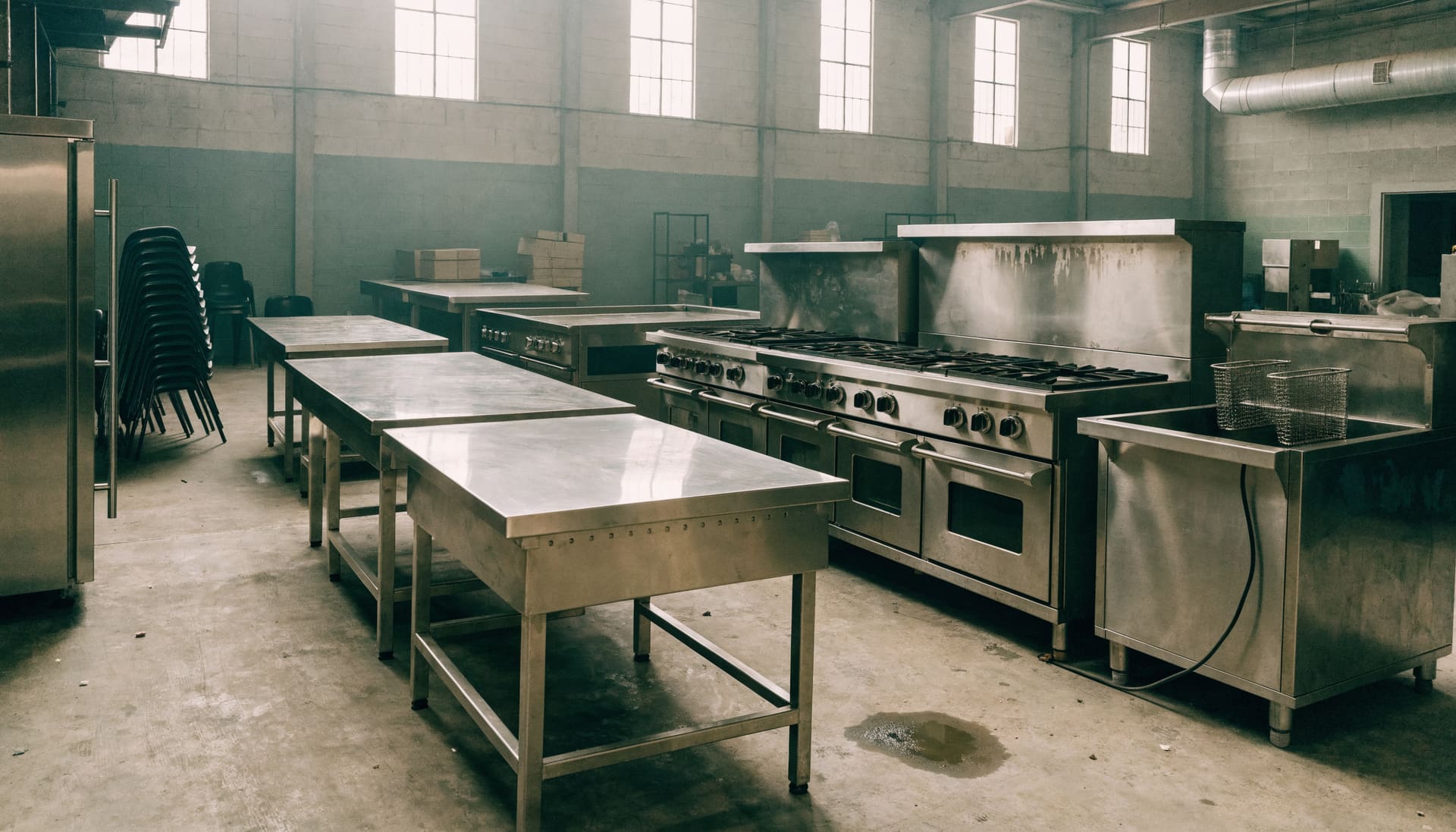 Stainless steel commercial kitchen equipment in a warehouse (representative image)